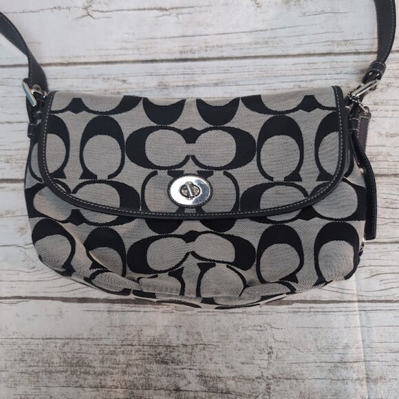 Vintage Coach Purse Canvas and Leather Black and Cream - Picture 2 of 9